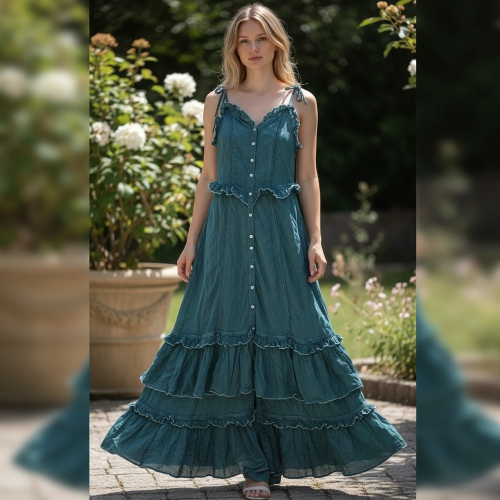 Free People Teal Ruffle Tiered Maxi Dress Sleeveless Smocked Back Boho
